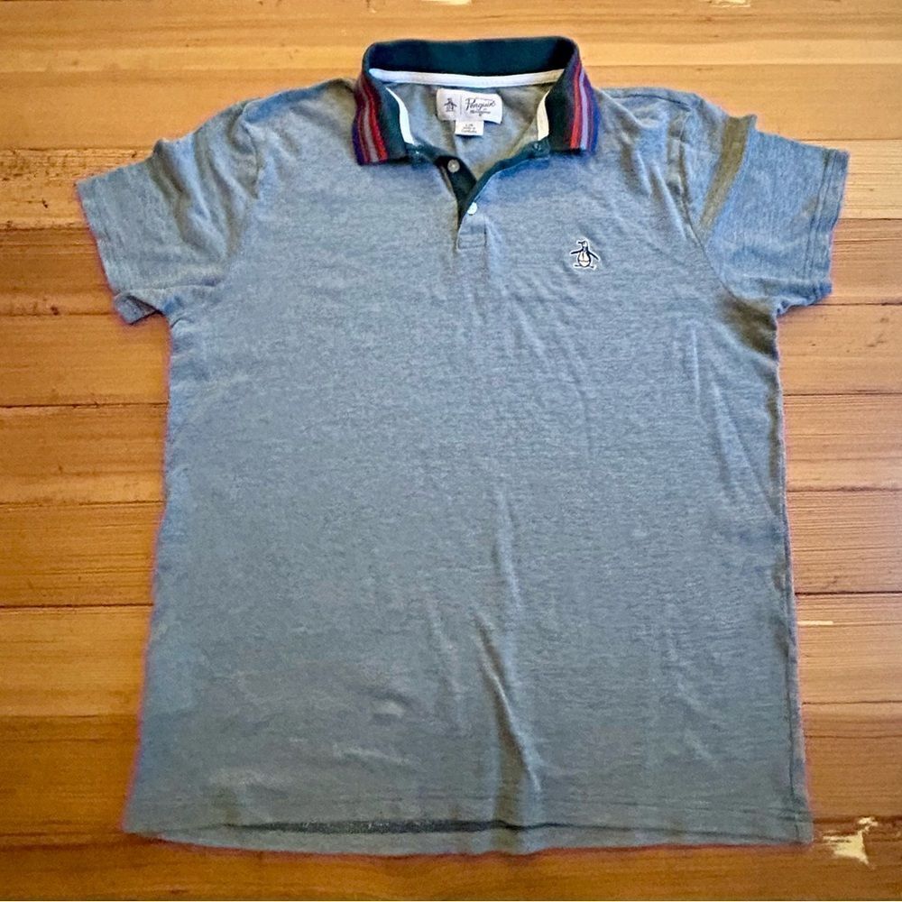 Penguin stripe collar pique pop short sleeve polo. Size L.